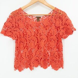 Vintage Crochet Lace Top Womens Small Orange Cropped Boho Festival Summer Cotton